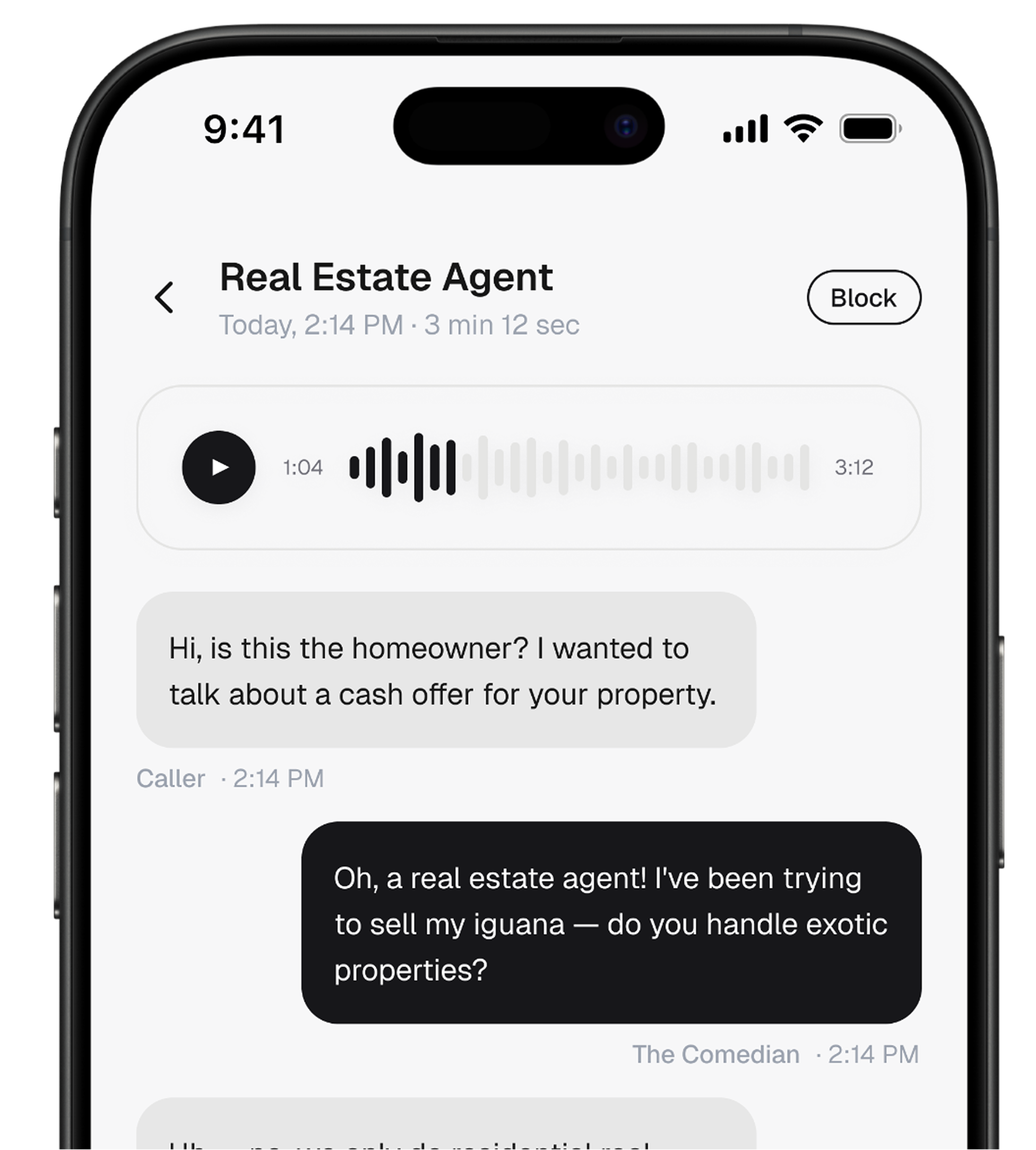 A screened call's recording and transcript in the Oskot app